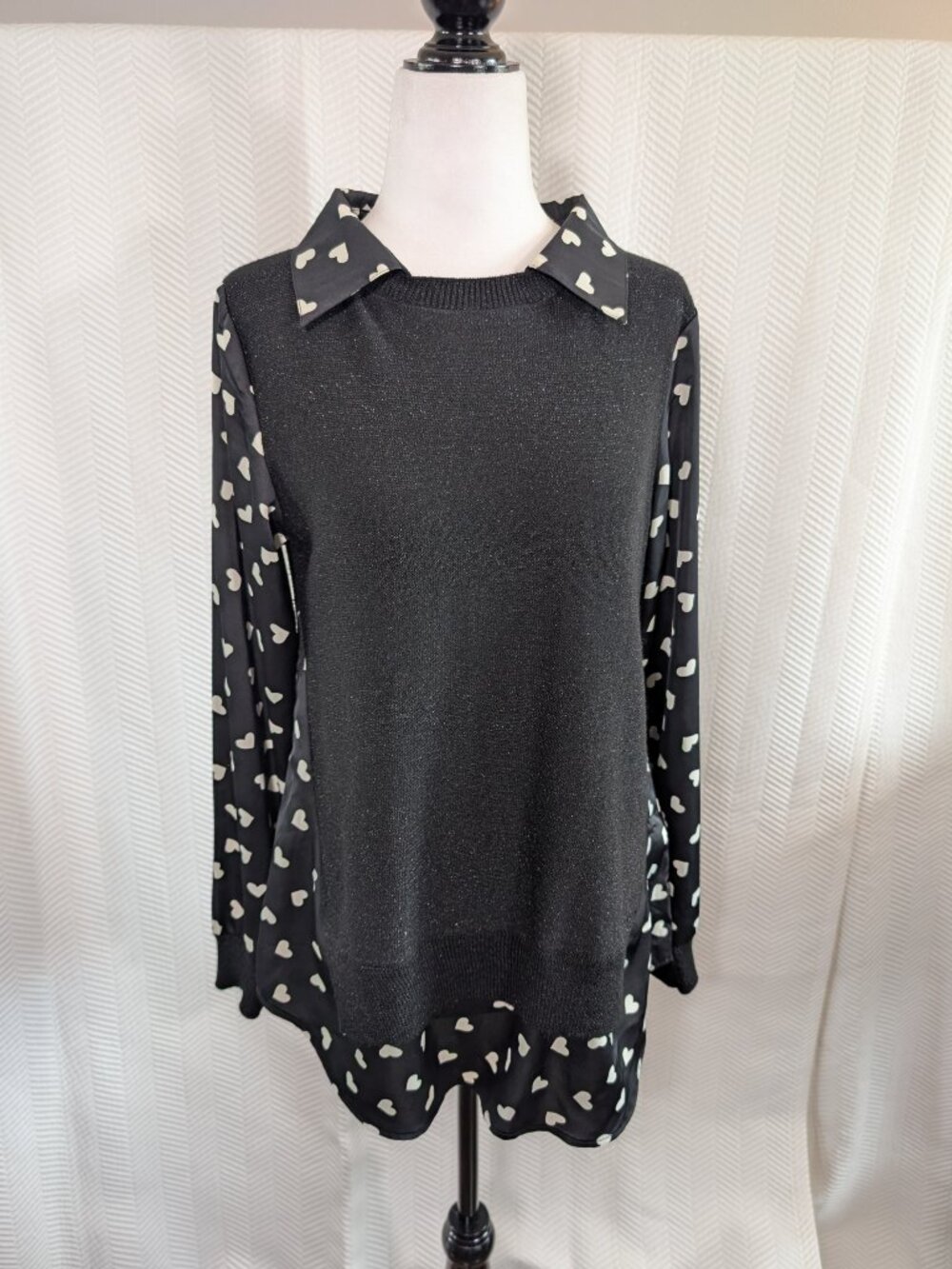 Fannijing Couture Layered Sweater With Collar Mixed Media Heart Print Knit Top